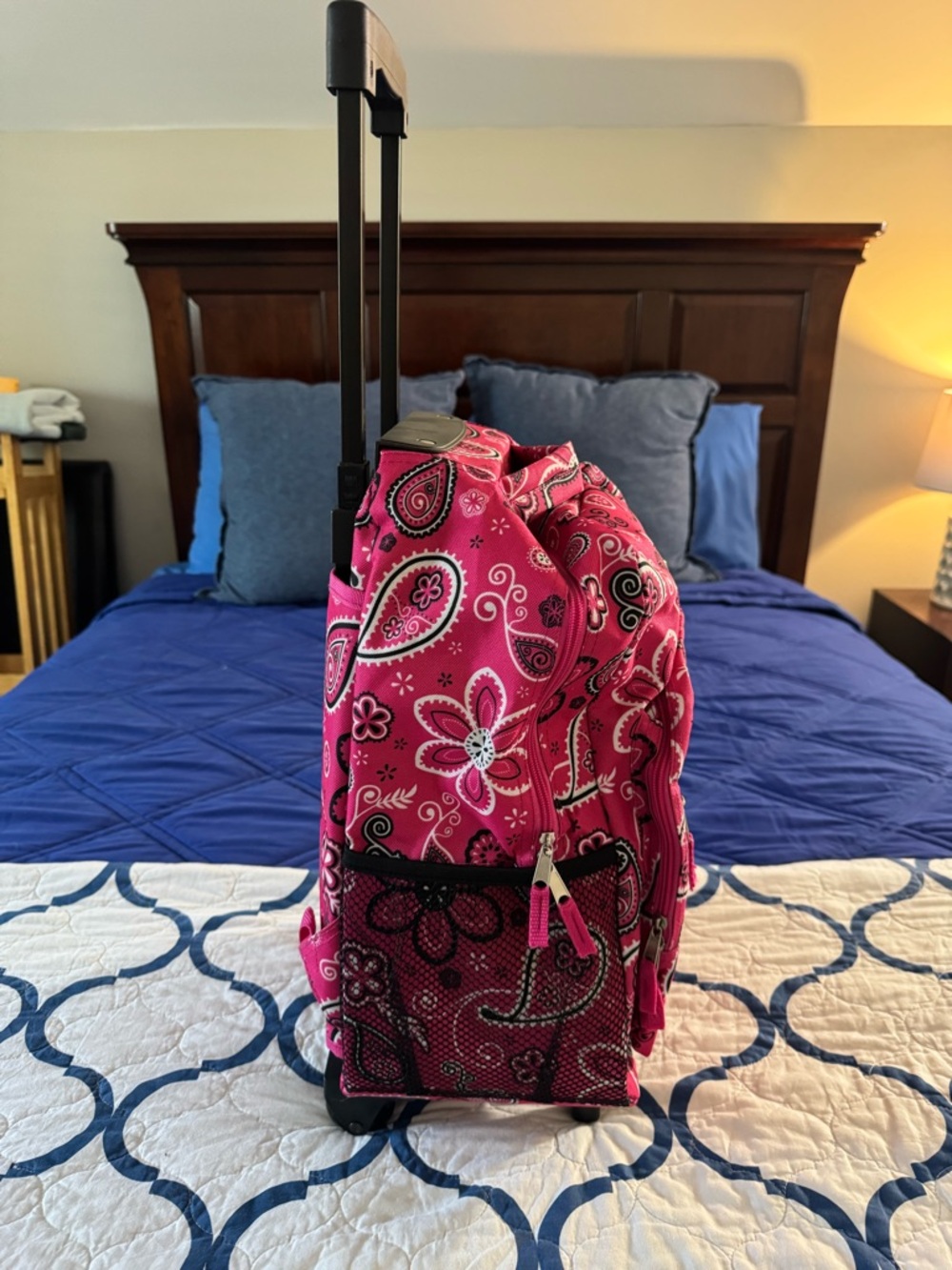 Rockland Pink Paisley Rolling Backpack - Picture 2 of 3